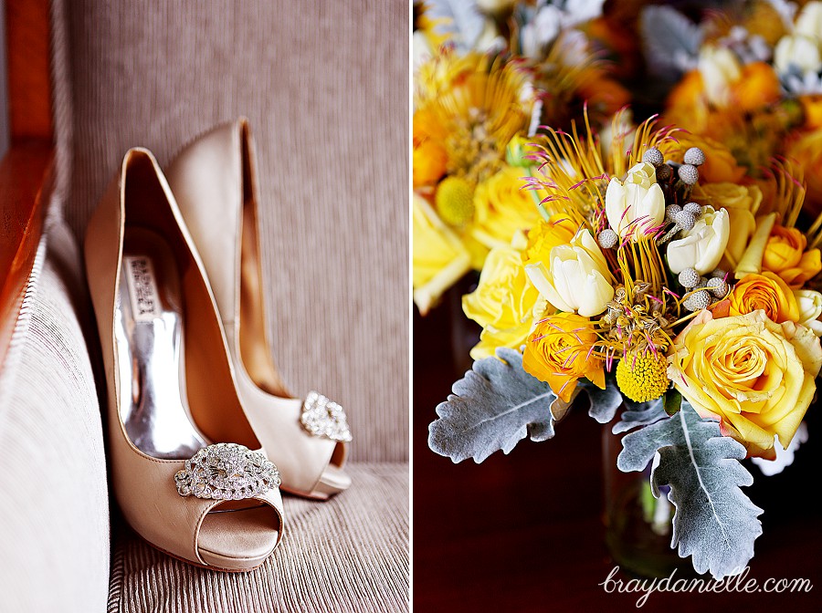 Badgley Mischka Cream Bridal shoes + Yellow bouquet
