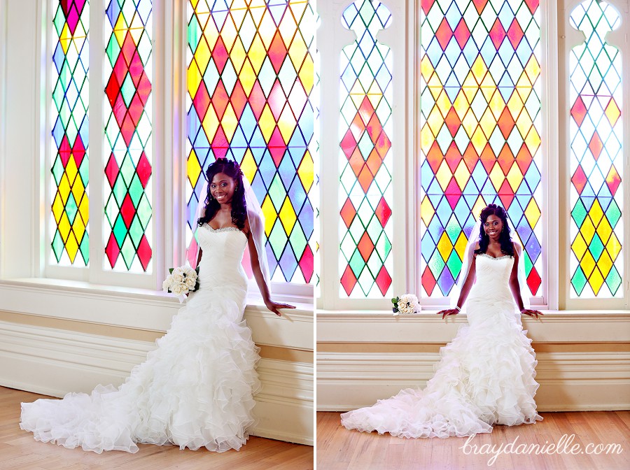 bride sitting by stained glass window by Bray Danielle Photography