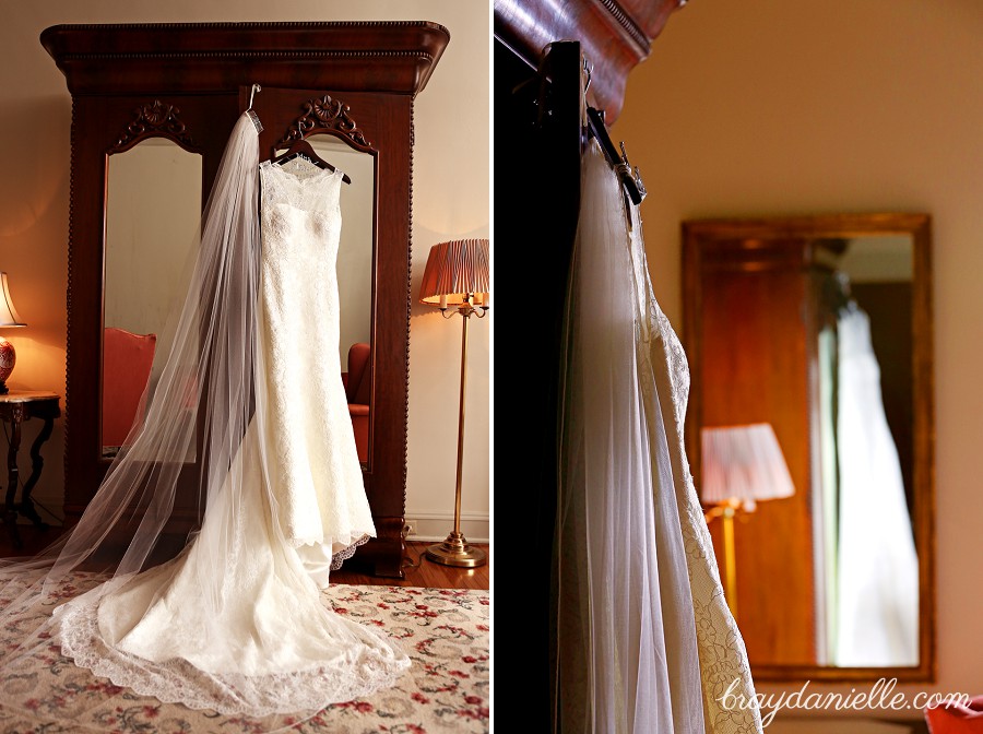 wedding gown hanging up