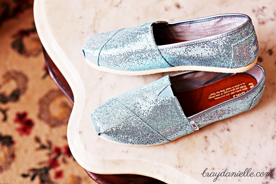 Blue sparkly Toms shoes