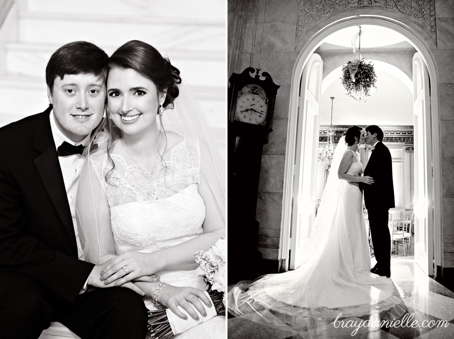 bride and groom kissing in doorway