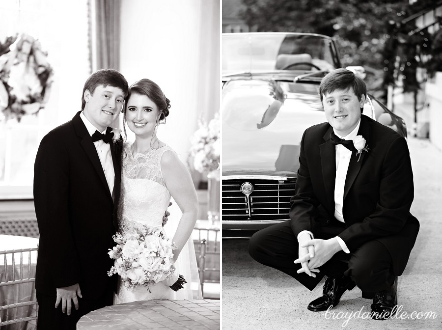 bride and groom + groom in front of car