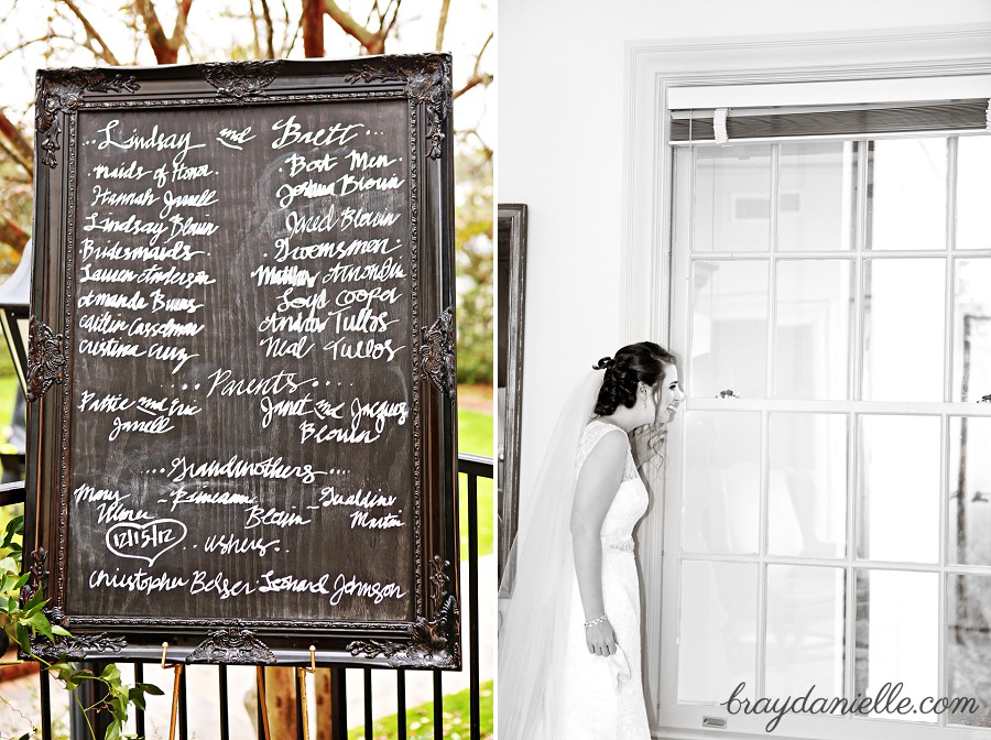 wedding sign + bride looking out window