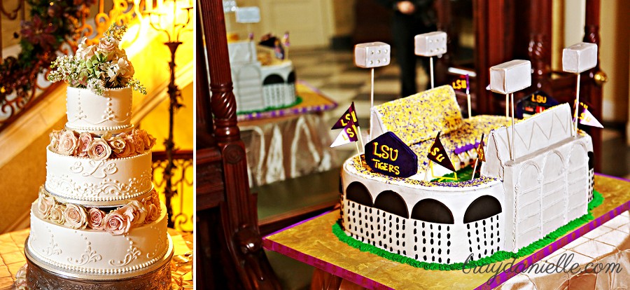 Bridal cake with pink roses + lsu stadium grooms cake