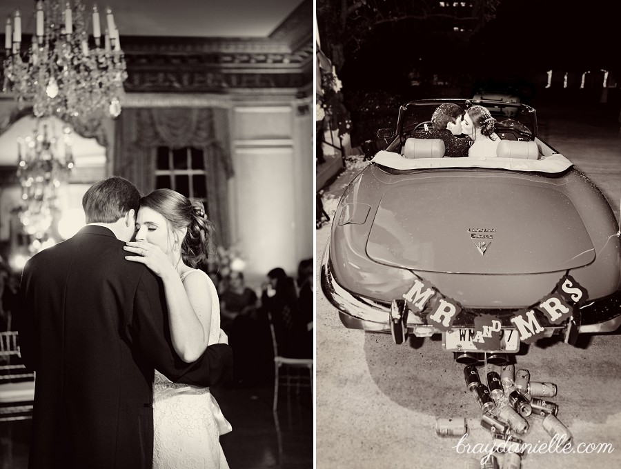 bride and groom dancing + bride and groom kissing in getaway car