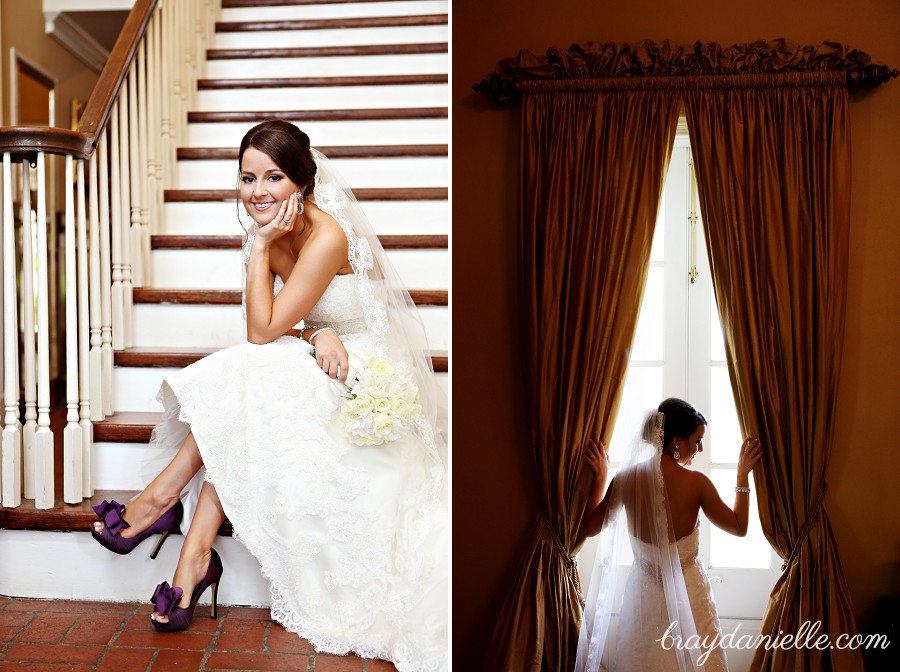 Bride sitting on stair case + Silhouette of bride by window