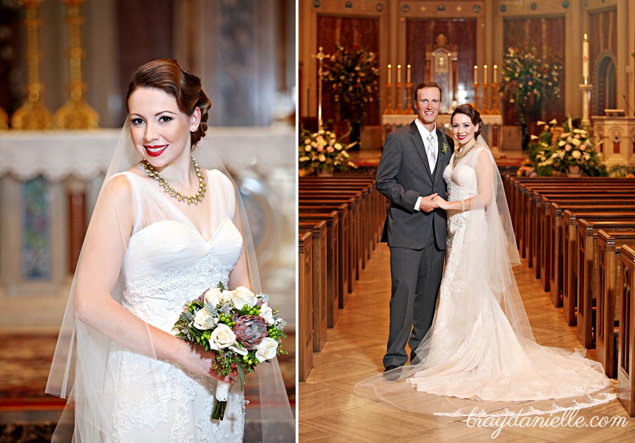 Bride and groom posed portrait in church