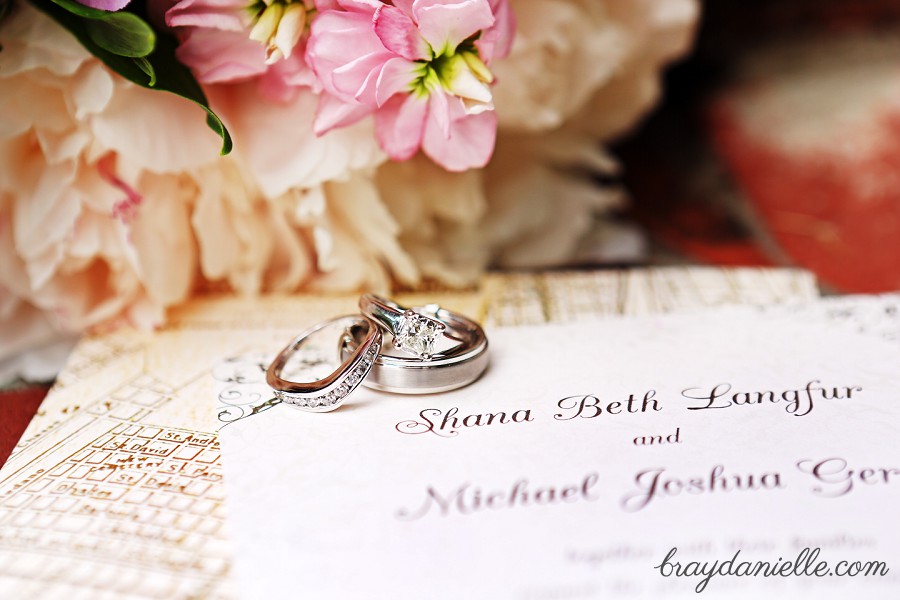wedding rings by flowers and invitation