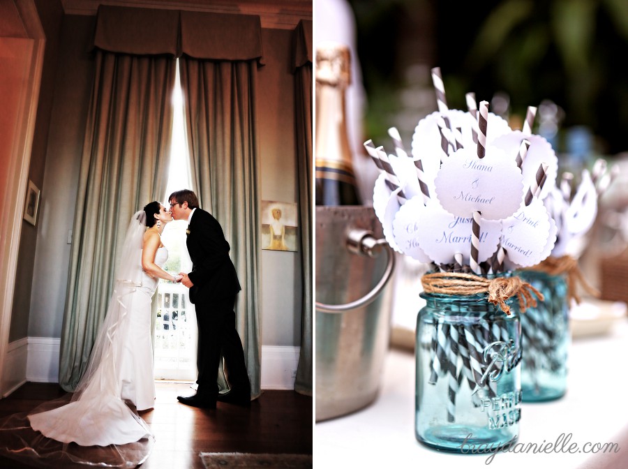 Bride and groom kissing by window + wedding details