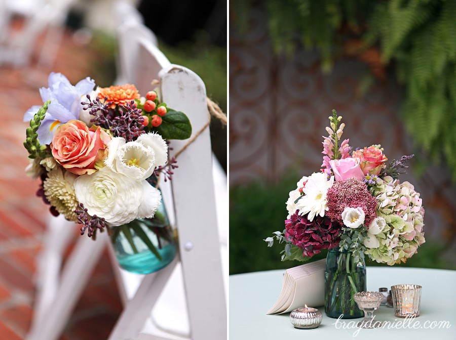 Wedding bouquet in blue jar +center piece