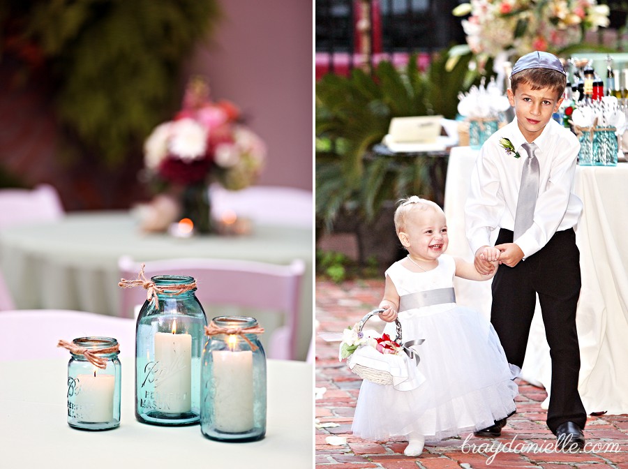 Blue center pieces + ringbearer & flower girl walking down the aisle