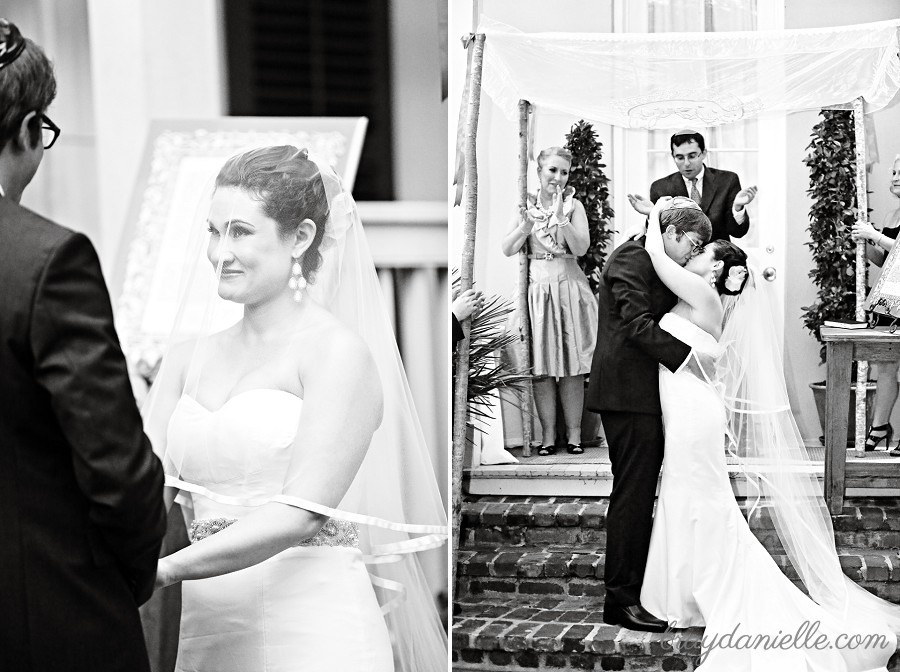 bride and groom first kiss