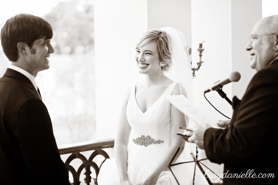 bride smiling at groom