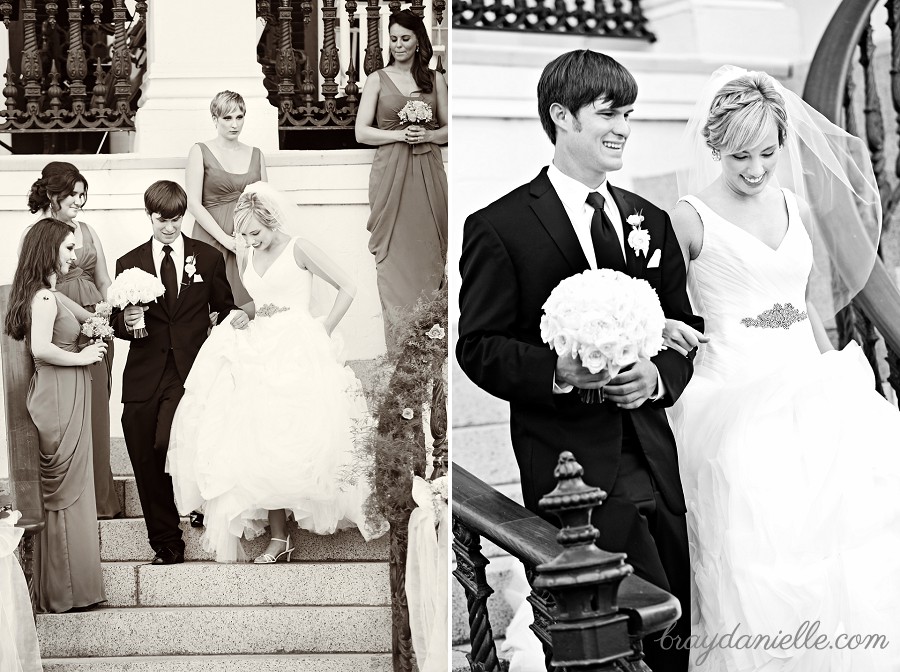 bride and groom walking down steps