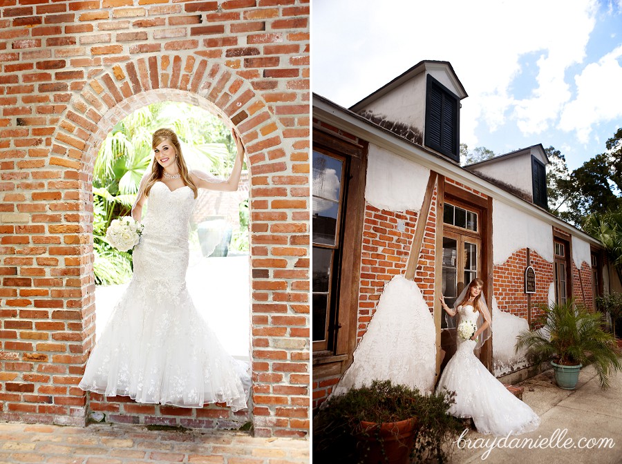 bridal portrait at white oak plantation brick wall by Bray Danielle Photography