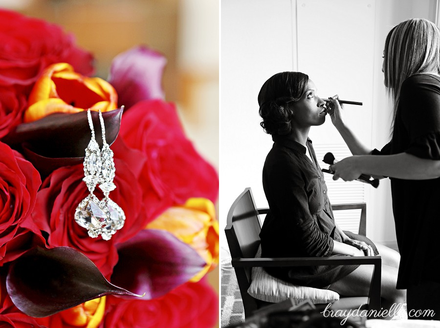 Bridal earrings on flowers + bridal makeup