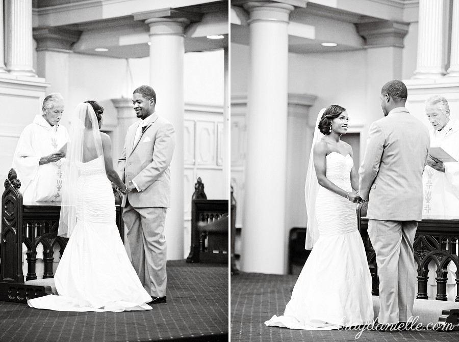 Bride and groom  facing each other during ceremony