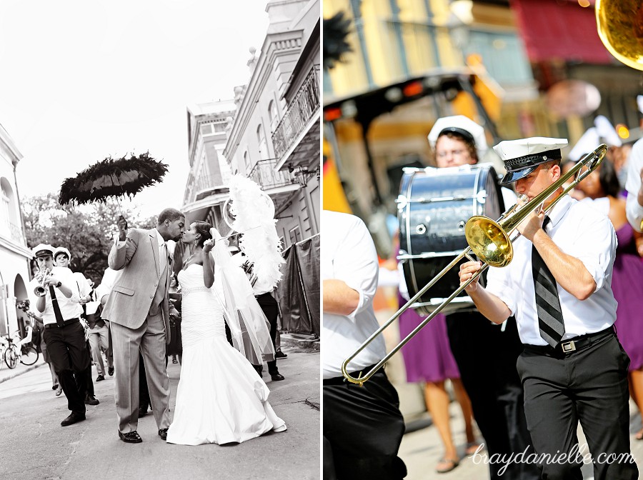 bride and groom kissing outside with parosels