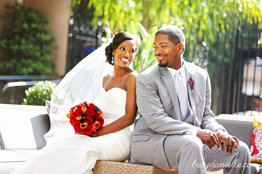 bride and groom looking at each other