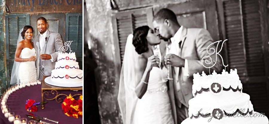 bride and groom by cake table