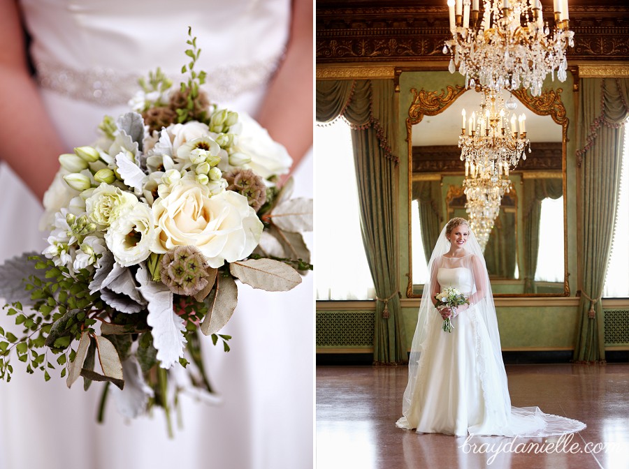 Bridal bouquet + Bridal portrait under chandelier by Bray Danielle Photography 