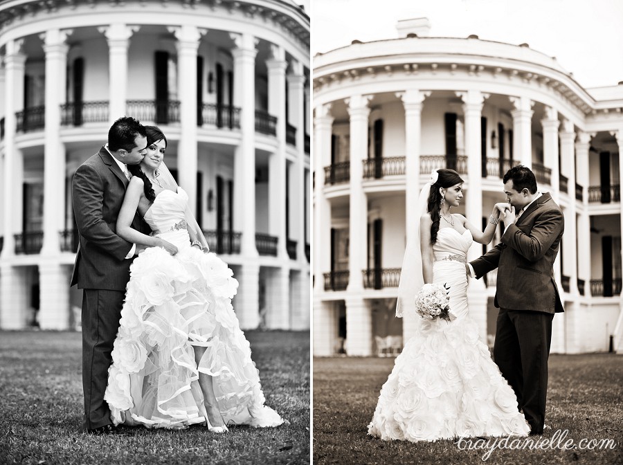 bride and groom in front of plantation home